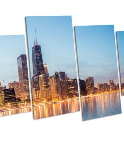 Chicago Illinois Skyline Sunset 4 Panel Box Framed Canvas Art picture Print