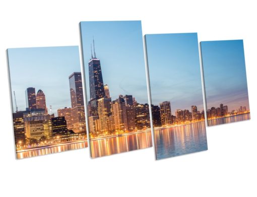 Chicago Illinois Skyline Sunset 4 Panel Box Framed Canvas Art picture Print