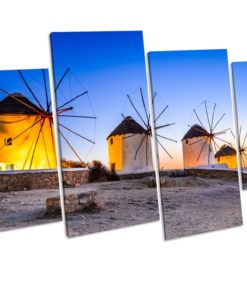 Greek Windmills Sunset 4 Panel Box Framed Canvas Art picture Print