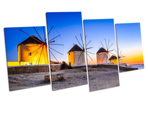 Greek Windmills Sunset 4 Panel Box Framed Canvas Art picture Print