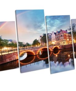 Amsterdam City Sunset 4 Panel Box Framed Canvas Art picture Print