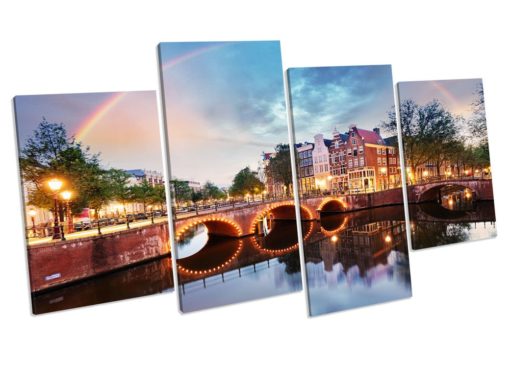 Amsterdam City Sunset 4 Panel Box Framed Canvas Art picture Print