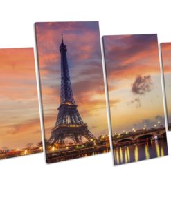 Eiffel Tower Paris France Sunset 4 Panel Box Framed Canvas Wall Art picture Print