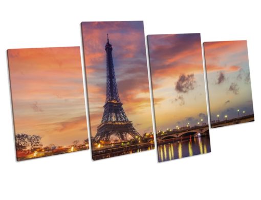 Eiffel Tower Paris France Sunset 4 Panel Box Framed Canvas Wall Art picture Print