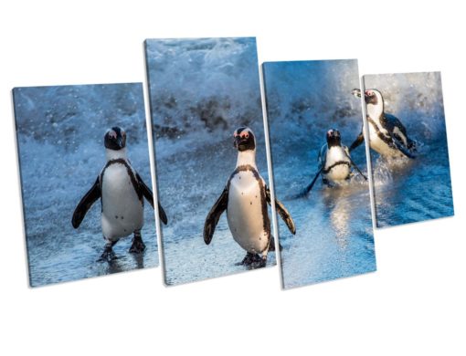 Penguins Wildlife 4 Panel Box Framed Canvas Wall Art picture Print