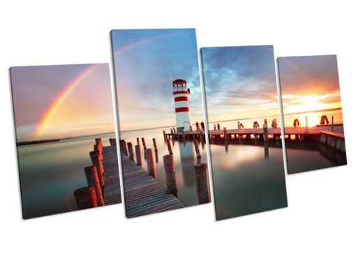 Lighthouse Sunset 4 Panel Box Framed Canvas Wall Art picture Print
