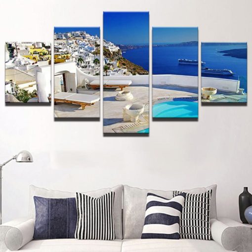 Santorini Canvas Art, Greek Island Wall Art, Mediterranean 5 Piece Canvas Print, Greece Wall Art, Island Wall Decor, Paradise Large Canvas