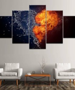 Fire and Water Heart, Love, Wall Art, Canvas Set, Multi Panels, 5 Panels Wall Decor, Above Bed Decor, Gift for Her