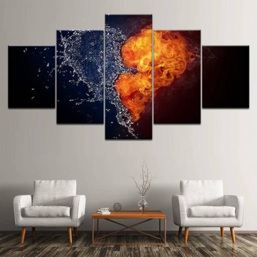 Fire and Water Heart, Love, Wall Art, Canvas Set, Multi Panels, 5 Panels Wall Decor, Above Bed Decor, Gift for Her