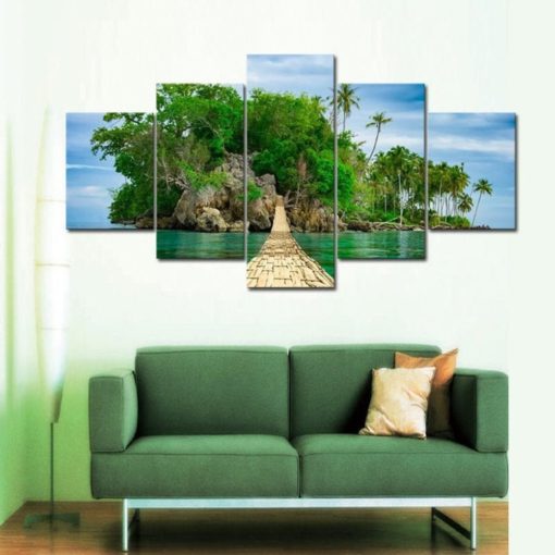 Bridge to Tropical Island Paradise Landscape Framed. 5 Piece Canvas. Five Panel. Canvas Art. Wall Art. Home Decor. For Her. For Him. Gift.