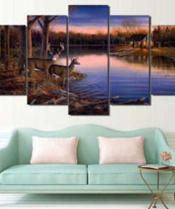 Whitetail Deer Buck Doe River Cabin Landscape Framed. 5 Piece Canvas. Five Panel. Canvas Art. Wall Art. Home Decor. For Her. For Him. Gift.