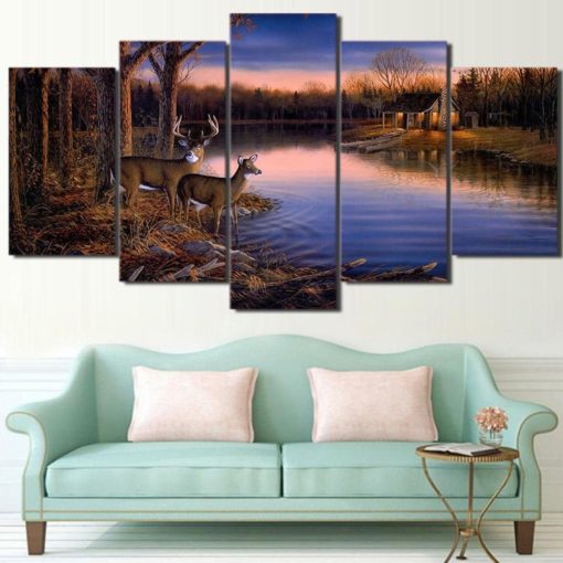 Whitetail Deer Buck Doe River Cabin Landscape Framed. 5 Piece Canvas. Five Panel. Canvas Art. Wall Art. Home Decor. For Her. For Him. Gift.