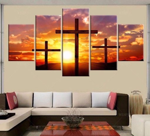 Christian Cross Sunset Jesus Framed. 5 Piece Canvas. Five Panel. Canvas Art. Wall Art. Home Decor. For Her. For Him. Gift.
