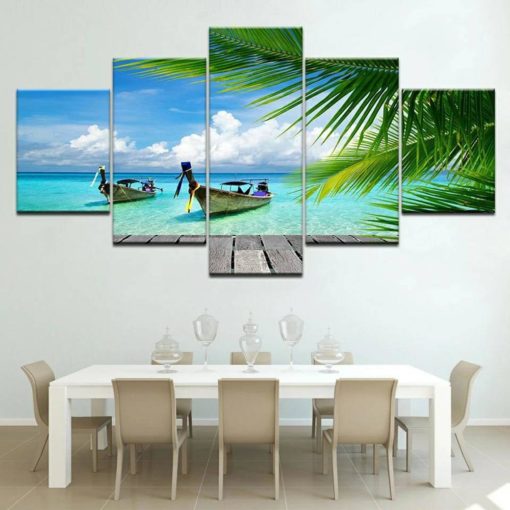 Beach Wall Art, Relaxing Wall Decor, Blue Waters Canvas Art, Island Canvas Print, Palm Trees Decor, 5 Piece Canvas, Multi Panels, White Sand