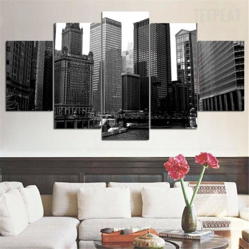 Chicago Cityscape Black and White Framed. 5 Piece Canvas. Five Panel. Canvas Art. Wall Art. Home Decor. For Her. For Him. Gift.