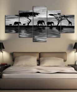 African Elephant Migration Black and White Framed. 5 Piece Canvas. Five Panel. Canvas Art. Wall Art. Home Decor. For Her. For Him. Gift.