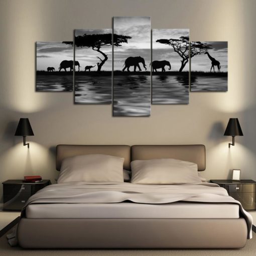 African Elephant Migration Black and White Framed. 5 Piece Canvas. Five Panel. Canvas Art. Wall Art. Home Decor. For Her. For Him. Gift.