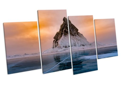 Sunset Frozen Lake Mountain 4 Panel CANVAS WALL ART Picture Print