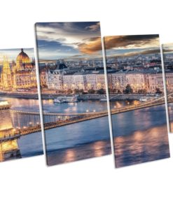 Sunset Hungary Budapest City 4 Panel Box Framed Canvas Wall Art picture Print