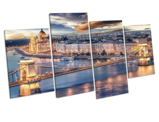 Sunset Hungary Budapest City 4 Panel Box Framed Canvas Wall Art picture Print