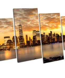 Tower One New York Skyline Sunset 4 Panel Box Framed Canvas Wall Art picture Print