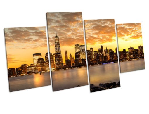 Tower One New York Skyline Sunset 4 Panel Box Framed Canvas Wall Art picture Print