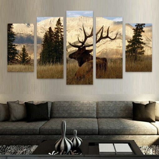 Elk in Mountain Prairie Wildlife Landscape Framed. 5 Piece Canvas. Five Panel. Canvas Art. Wall Art. Home Decor. For Her. For Him. Gift.