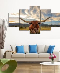 Texas Longhorn Cattle Cow Ranch Farm Animal Framed. 5 Piece Canvas. Five Panel. Canvas Art. Wall Art. Home Decor. For Her. For Him. Gift.