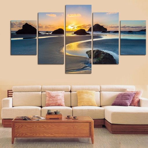 Beach Canvas Art, Beach Wall Art, Beach Shores Sunset 5 Piece Canvas Print, Beach Wall Decor, Beach Framed Canvas Art Work