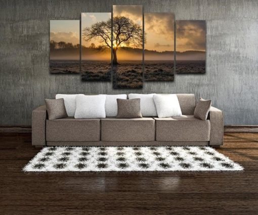 Sunrise over Foggy Meadow Landscape Framed. 5 Piece Canvas. Five Panel. Canvas Art. Wall Art. Home Decor. For Her. For Him. Gift.