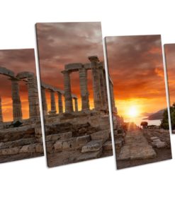 Temple Of Poseidon Greece Sunset Box Framed 4 Panel Canvas Wall Art picture Print