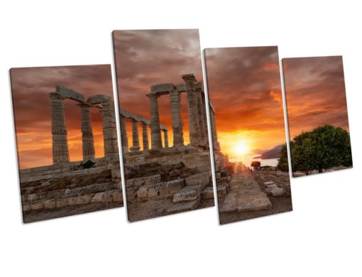 Temple Of Poseidon Greece Sunset Box Framed 4 Panel Canvas Wall Art picture Print