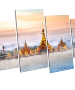 Buddha Temple Myanmar Sunset Box Framed 4 Panel Canvas Wall Art picture Print
