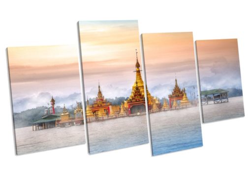 Buddha Temple Myanmar Sunset Box Framed 4 Panel Canvas Wall Art picture Print