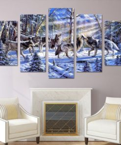 Wolf Pack Wildlife Snowy Forest Framed. 5 Piece Canvas. Five Panel. Canvas Art. Wall Art. Home Decor. For Her. For Him. Gift.