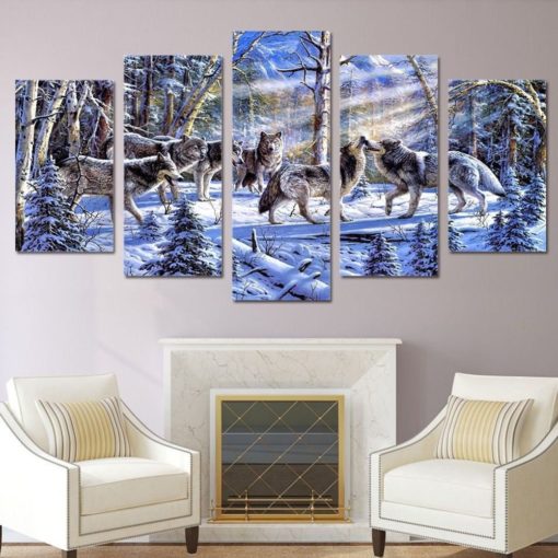 Wolf Pack Wildlife Snowy Forest Framed. 5 Piece Canvas. Five Panel. Canvas Art. Wall Art. Home Decor. For Her. For Him. Gift.