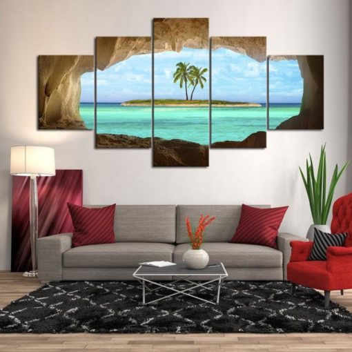 Tropical Island Cave Landscape Framed. 5 Piece Canvas. Five Panel. Canvas Art. Wall Art. Home Decor. For Her. For Him. Gift.
