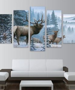 Elk Winter Wildlife Framed. 5 Piece Canvas. Five Panel. Canvas Art. Wall Art. Home Decor. For Her. For Him. Gift.