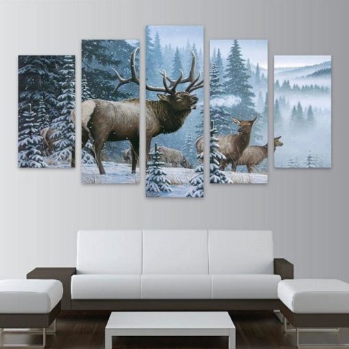 Elk Winter Wildlife Framed. 5 Piece Canvas. Five Panel. Canvas Art. Wall Art. Home Decor. For Her. For Him. Gift.