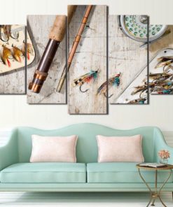 Fly Fishing Beach Wood Style Framed. 5 Piece Canvas. Five Panel. Canvas Art. Wall Art. Home Decor. For Her. For Him. Gift.