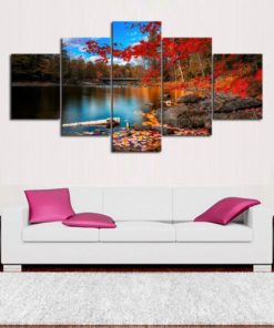 Autumn Maple River Landscape Framed. 5 Piece Canvas. Five Panel. Canvas Art. Wall Art. Home Decor. For Her. For Him. Gift.