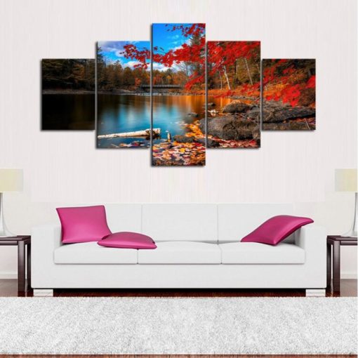 Autumn Maple River Landscape Framed. 5 Piece Canvas. Five Panel. Canvas Art. Wall Art. Home Decor. For Her. For Him. Gift.