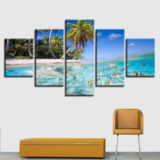 Tropical Scenary Wall Art, Beach, Island, Corals, Canvas Set, 5 Panels, Coastal Decor, Extra Large  Wall Art,  Home Decor, Gift For Her