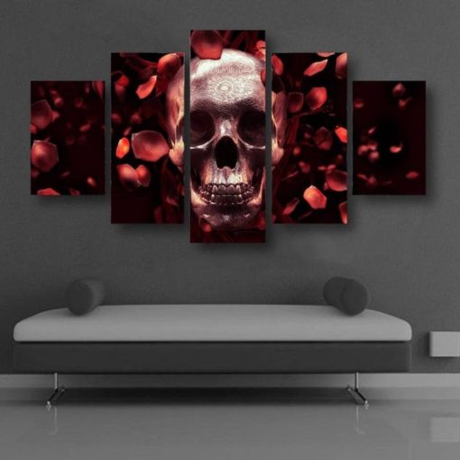 Skull Rose Petals Framed. 5 Piece Canvas. Five Panel. Canvas Art. Wall Art. Home Decor. For Her. For Him. Gift.