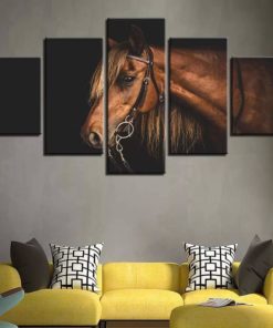 Brown Horse Canvas Wall Art, Horse Painting,Horses 5 Panels Canvas Print,Horses Multi Panel Wall Decor, Mural,Large Framed Artwork