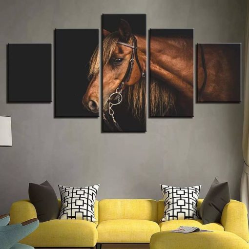 Brown Horse Canvas Wall Art, Horse Painting,Horses 5 Panels Canvas Print,Horses Multi Panel Wall Decor, Mural,Large Framed Artwork