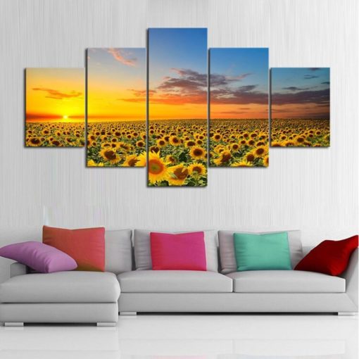 Sunflower Field Sunset Landscape Framed. 5 Piece Canvas. Five Panel. Canvas Art. Wall Art. Home Decor. For Her. For Him. Gift.