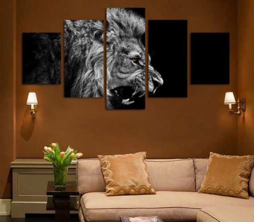 Roaring Lion Black and White Framed. 5 Piece Canvas. Five Panel. Canvas Art. Wall Art. Home Decor. For Her. For Him. Gift.