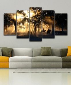 Cowboys on Horseback Morning Sun Through Trees Framed. 5 Piece Canvas. Five Panel. Canvas Art. Wall Art. Home Decor. For Her. For Him. Gift.