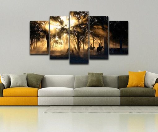 Cowboys on Horseback Morning Sun Through Trees Framed. 5 Piece Canvas. Five Panel. Canvas Art. Wall Art. Home Decor. For Her. For Him. Gift.
